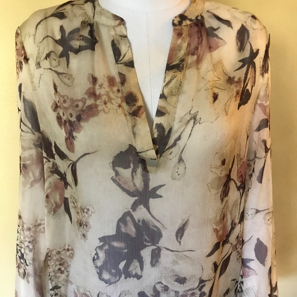 Ralph Lauren Sheer Tan Cream Brown Pink Floral Blouse Tunic M